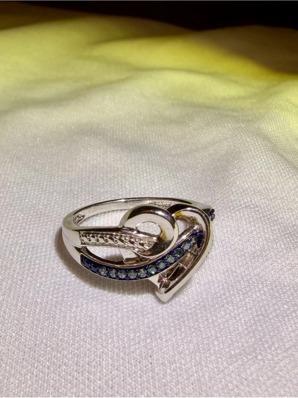 14K White Gold/925 Sterling Silver Heart Ring Blue and White Natural Diamonds